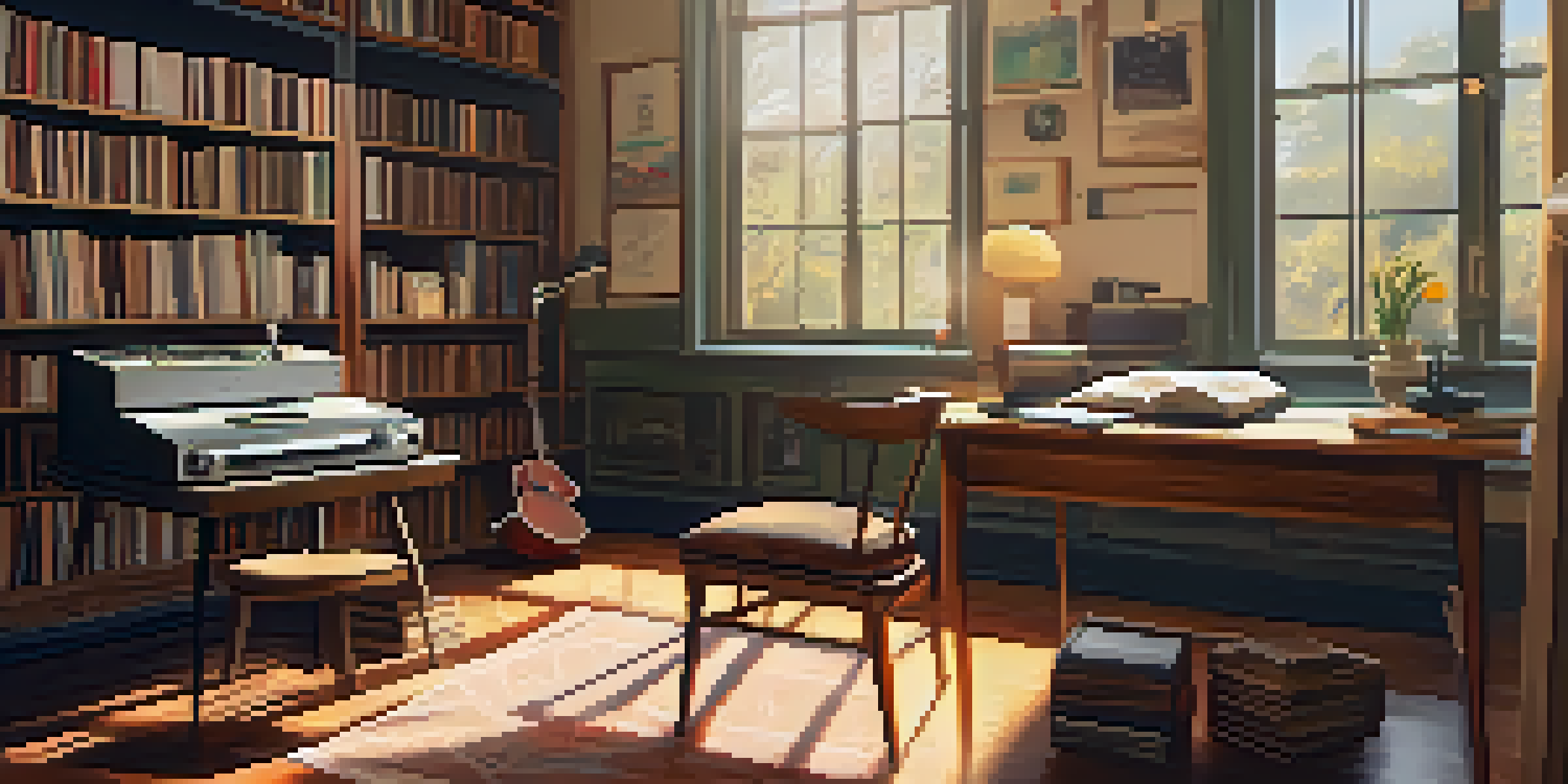 A cozy study room with warm sunlight, a wooden desk, an open notebook, a steaming cup of coffee, and a vintage record player.