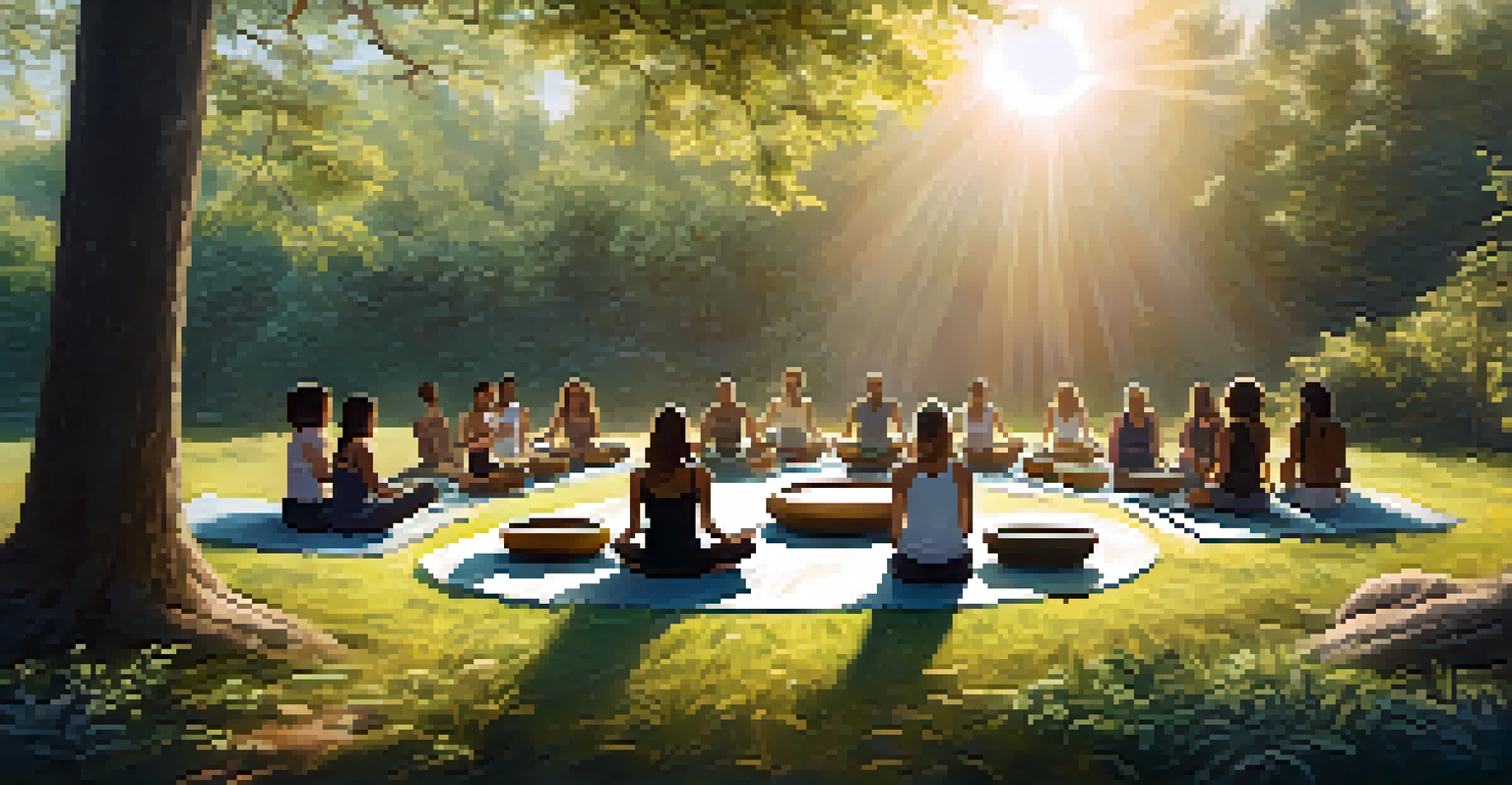 Participants lying on yoga mats during a sound bath, surrounded by sound bowls and gongs in a peaceful outdoor setting with sunlight filtering through trees.
