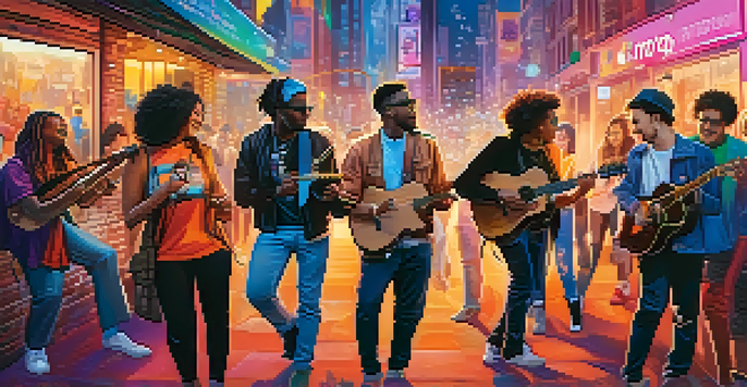 A diverse group of musicians interacting with fans on social media, surrounded by colorful social media icons in an urban setting.