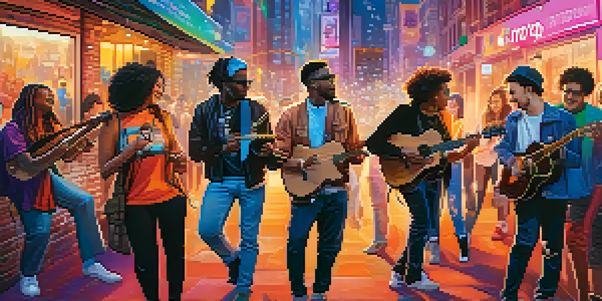A diverse group of musicians interacting with fans on social media, surrounded by colorful social media icons in an urban setting.