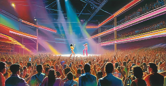 A lively 1980s concert scene with famous pop stars performing, colorful lights, and a cheering audience.