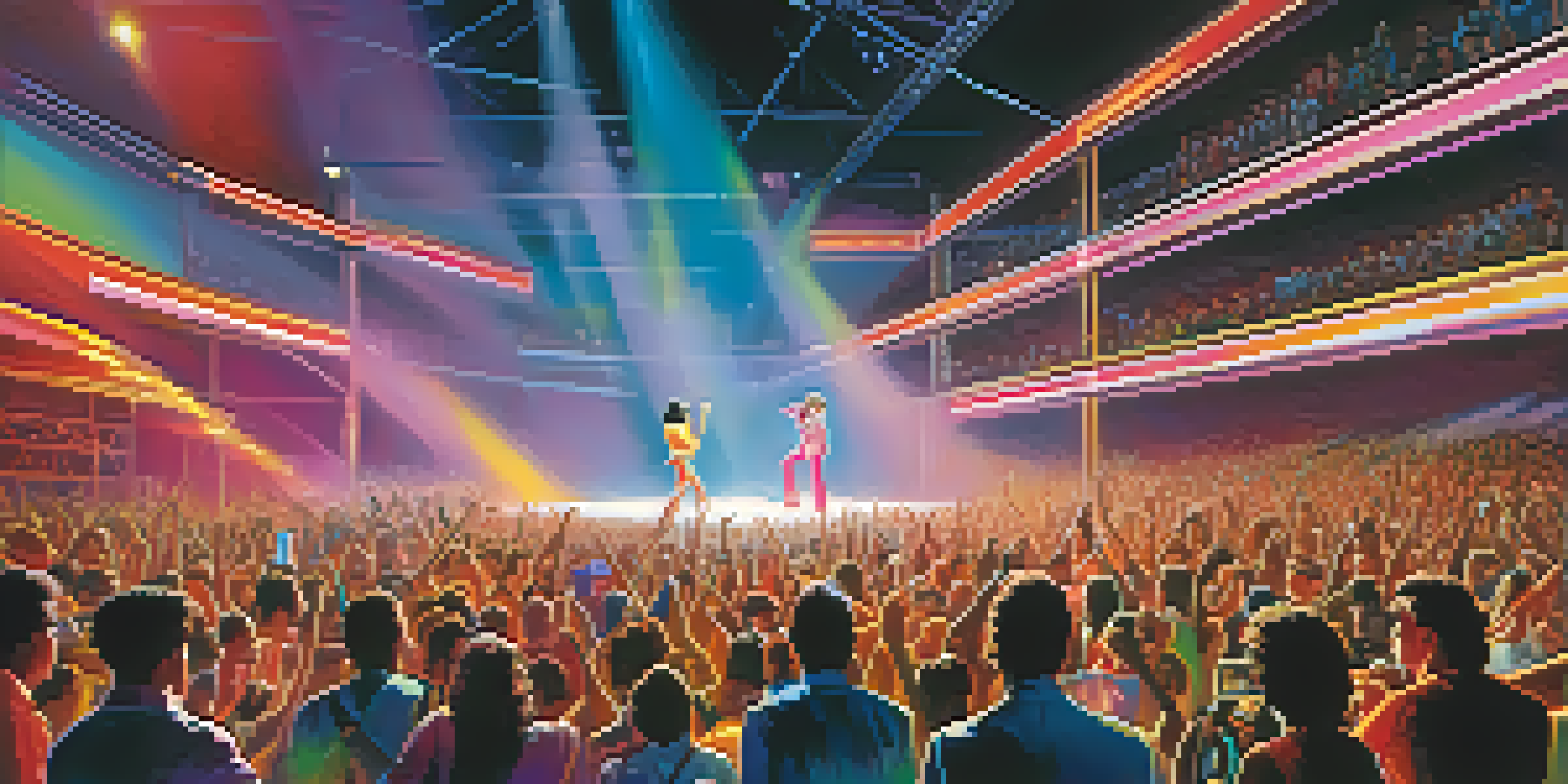 A lively 1980s concert scene with famous pop stars performing, colorful lights, and a cheering audience.