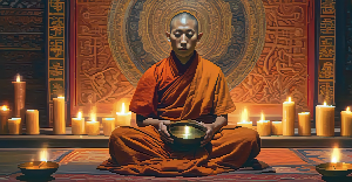 A Tibetan monk meditating with a singing bowl, surrounded by candles in a warm, peaceful atmosphere.