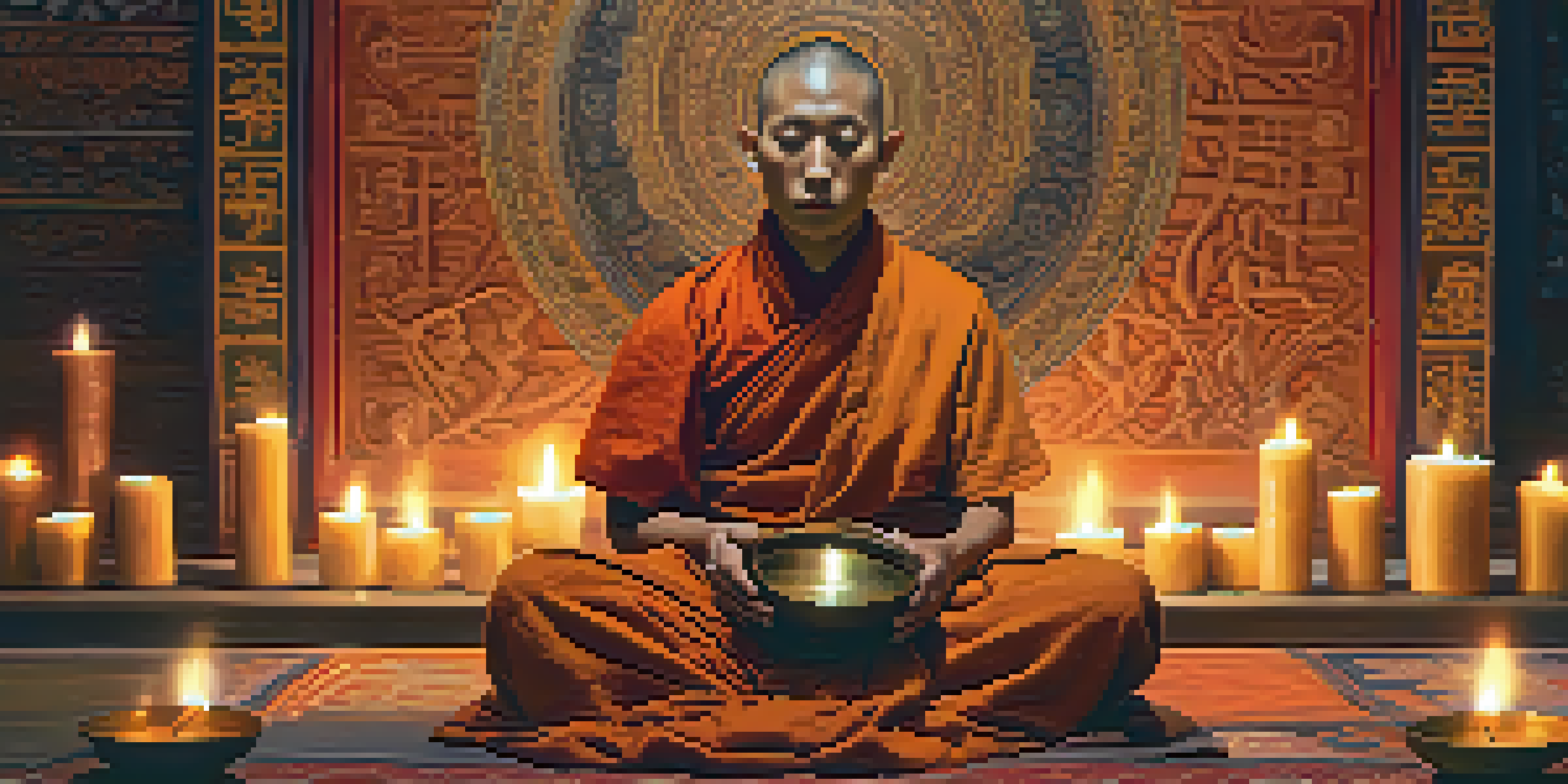 A Tibetan monk meditating with a singing bowl, surrounded by candles in a warm, peaceful atmosphere.
