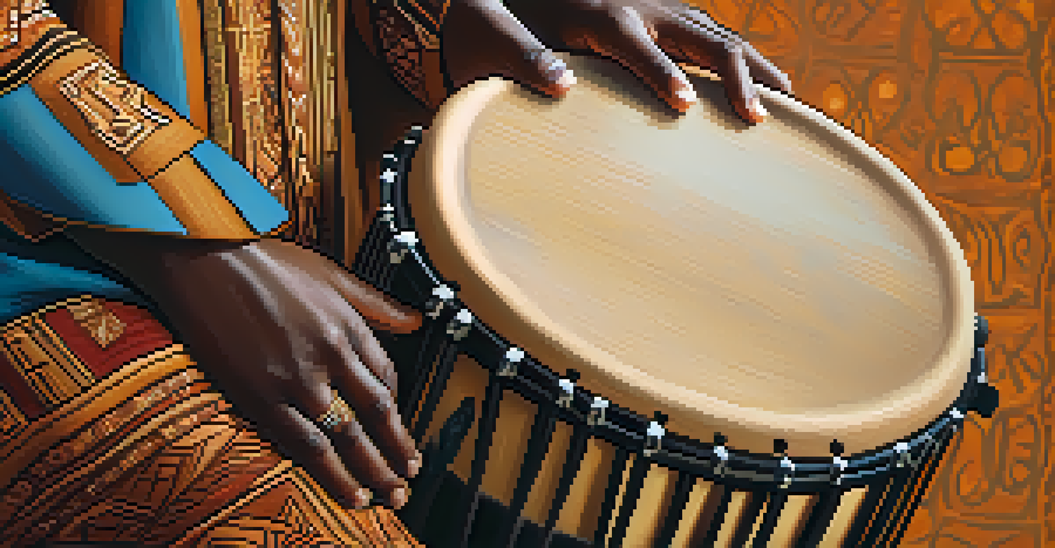 Close-up of hands playing African drums, showcasing intricate patterns and warm tones that emphasize the rhythm and cultural heritage.