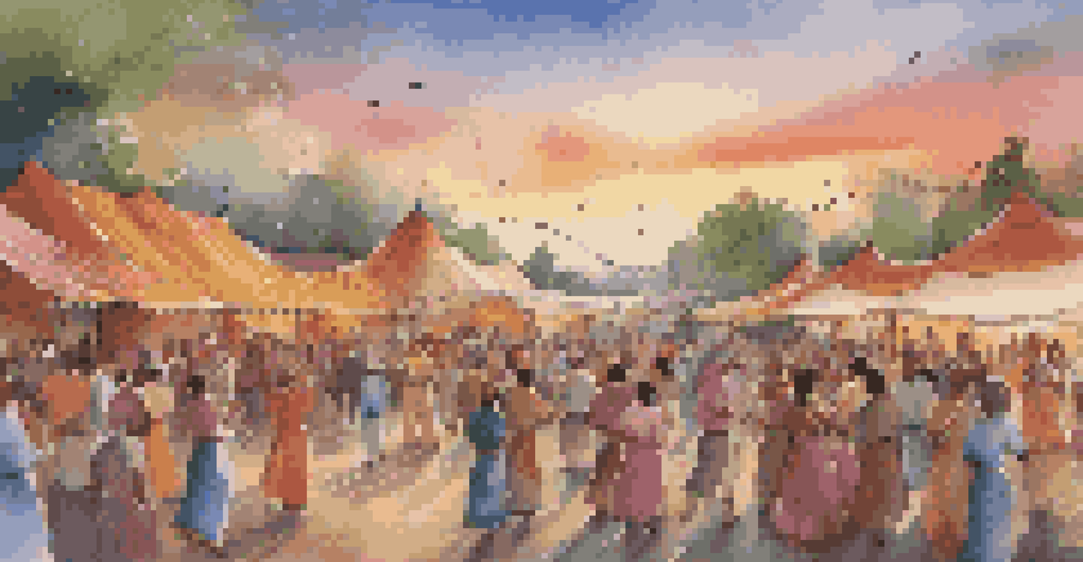 A lively outdoor cultural festival with diverse people dancing in traditional attire, set against a sunset backdrop.