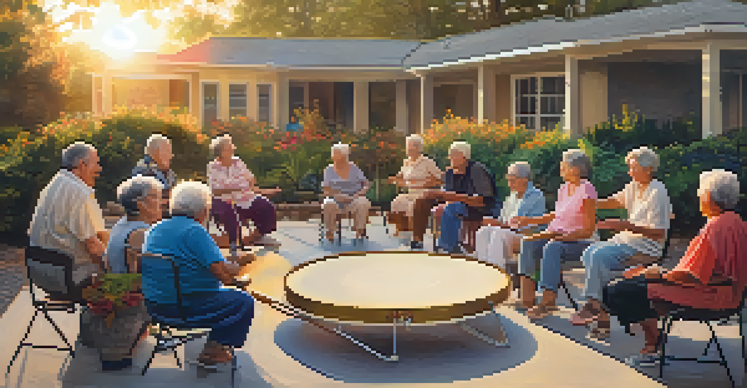 Seniors gathered in a drumming circle outdoors, enjoying music and each other's company during sunset.