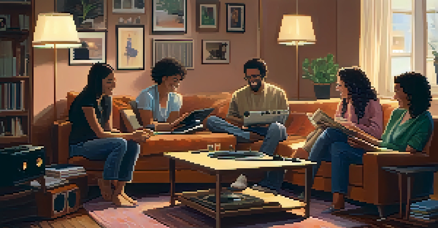 A cozy living room with friends gathered around a record player, sharing laughter and listening to music in a warm setting.