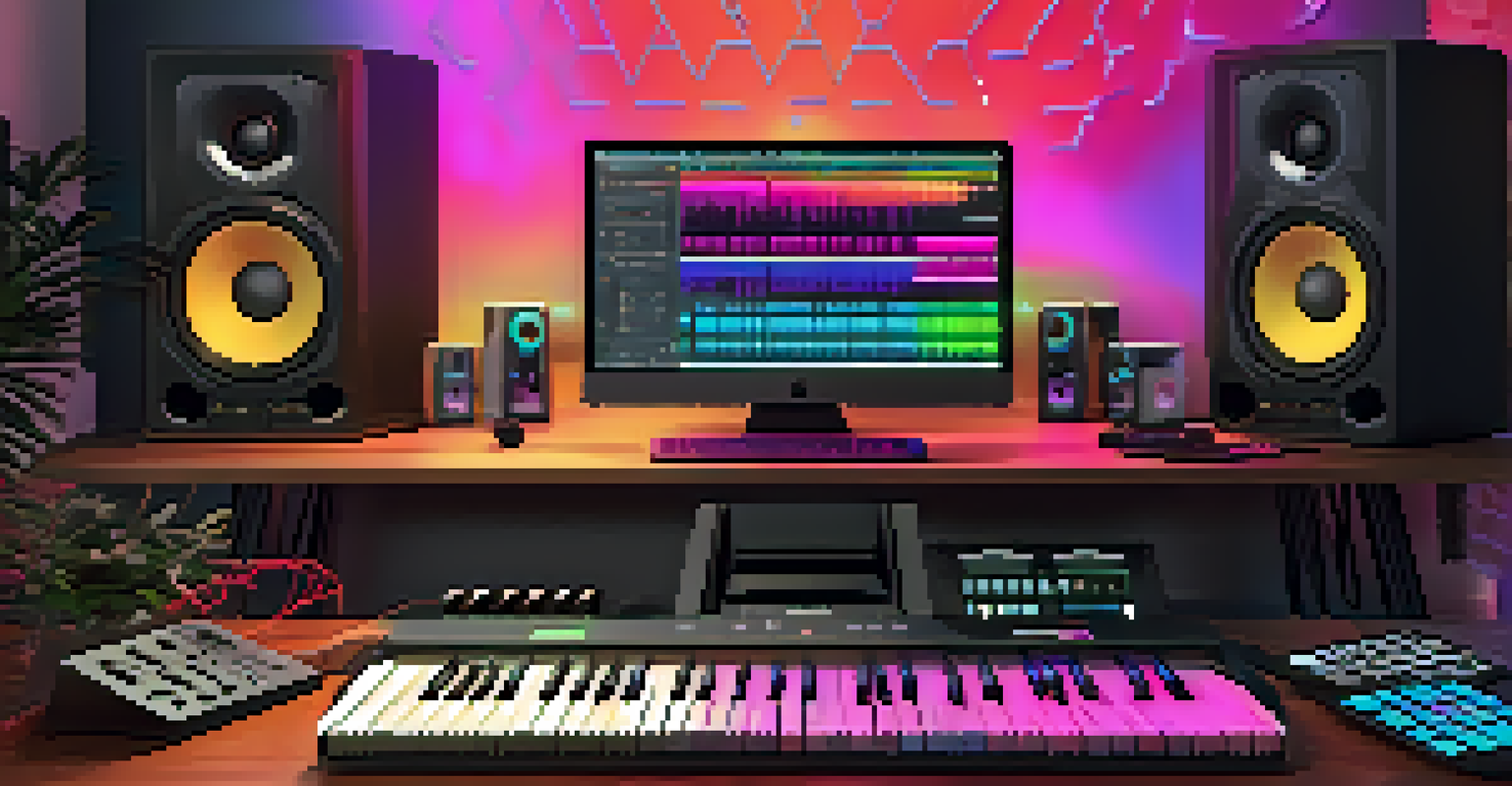 A modern music production workspace showcasing a digital audio workstation and MIDI keyboard, illuminated by soft ambient lighting.