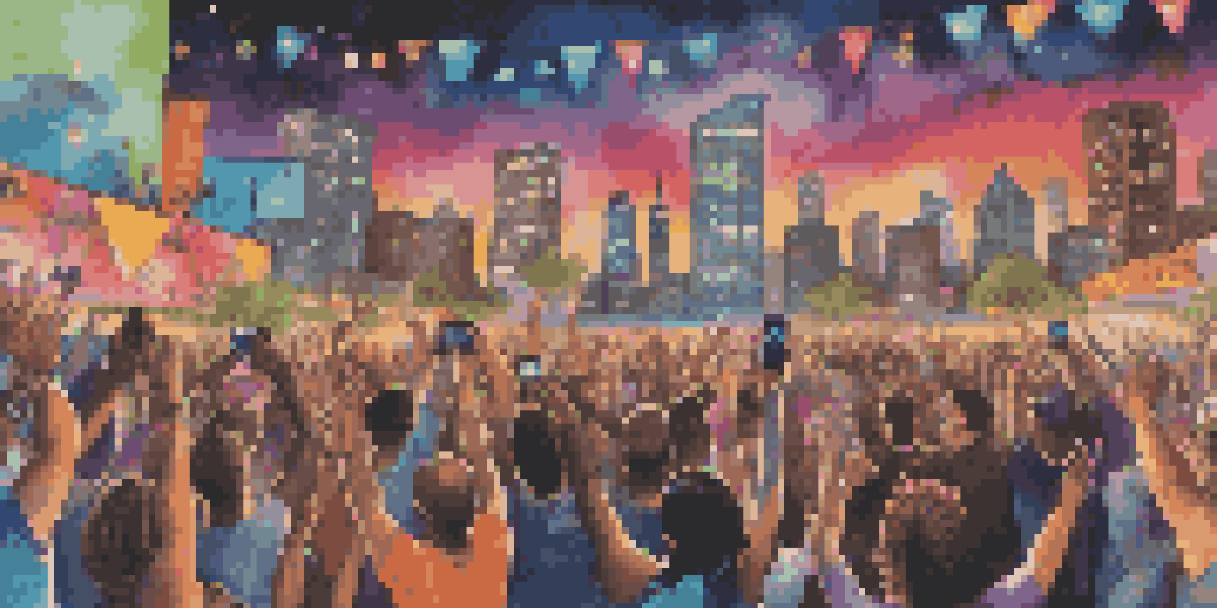 A lively outdoor concert with diverse musicians engaging with fans, colorful banners, and a bright city skyline.