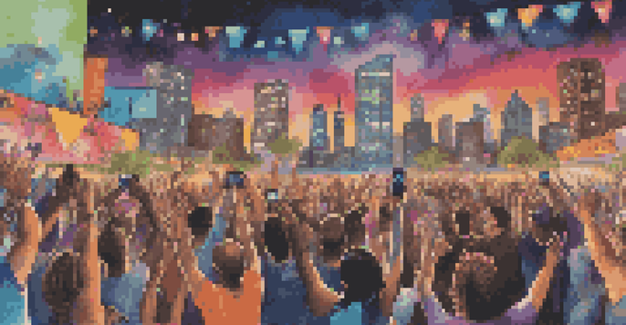 A lively outdoor concert with diverse musicians engaging with fans, colorful banners, and a bright city skyline.