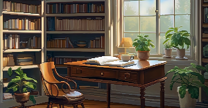 A cozy writing desk with an open notebook of lyrics and a cup of coffee, surrounded by books and plants.