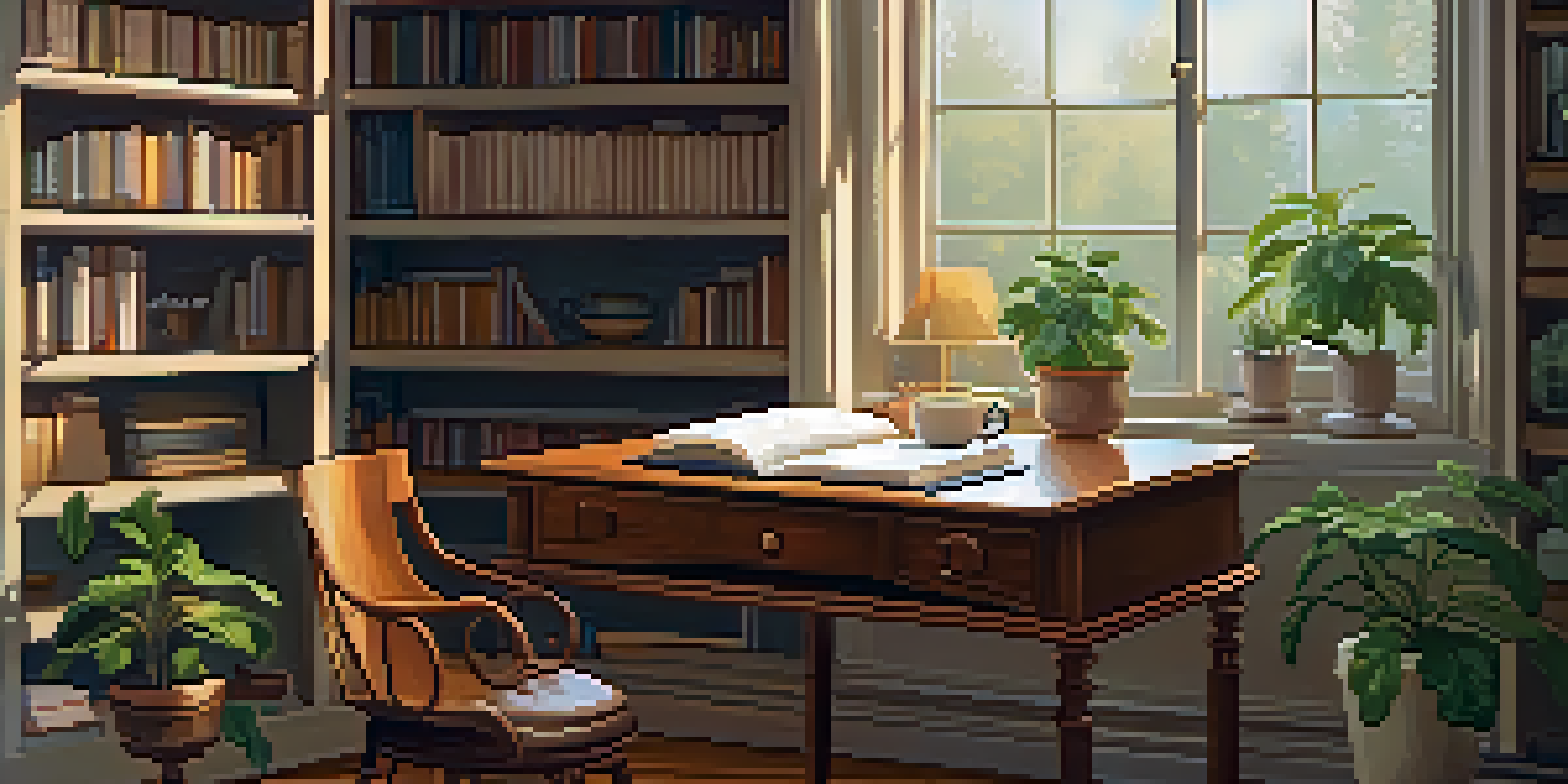 A cozy writing desk with an open notebook of lyrics and a cup of coffee, surrounded by books and plants.