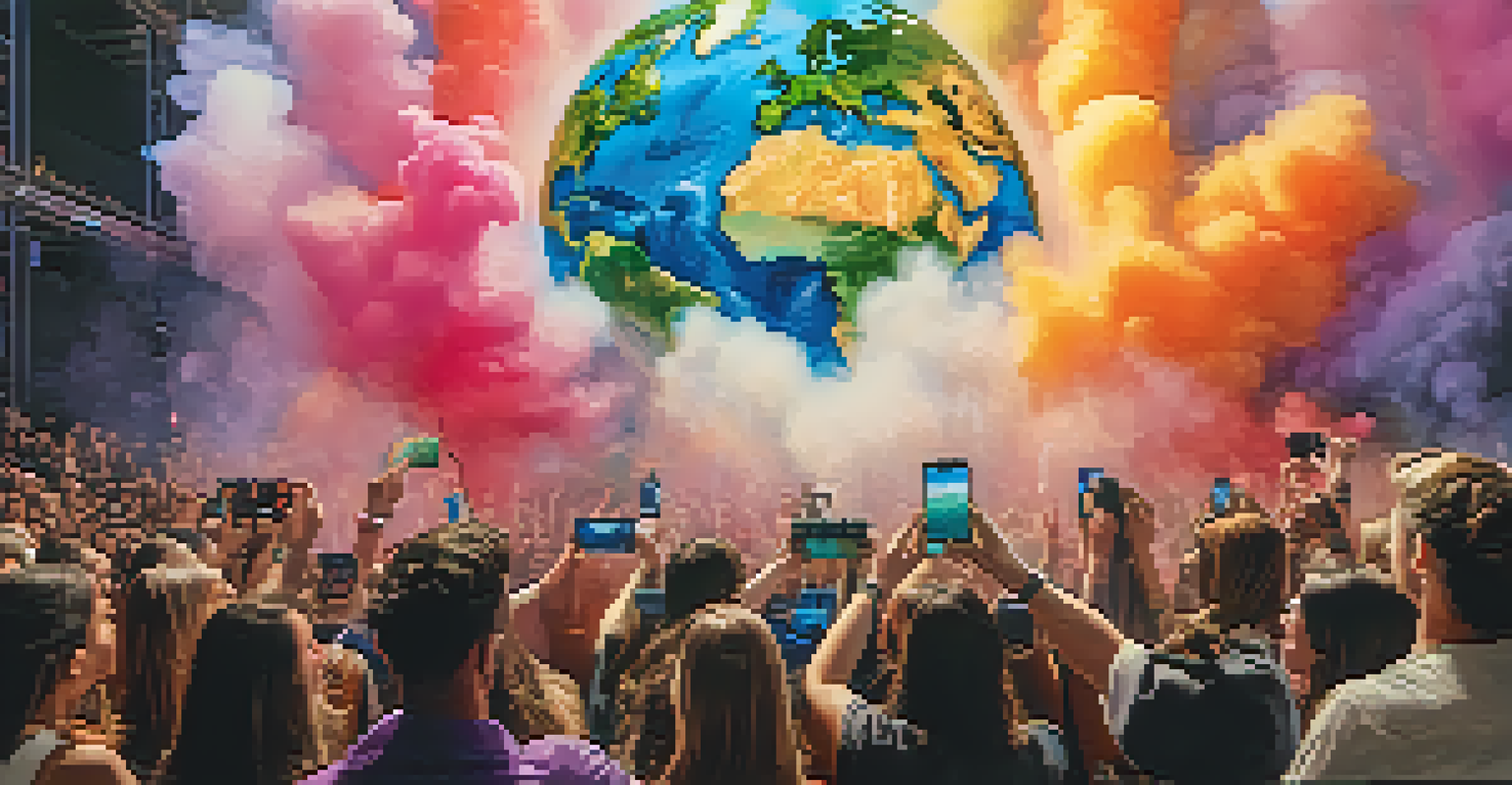 An artist performing on stage with a mural of the Earth in the background, surrounded by an engaged audience and climate awareness banners.