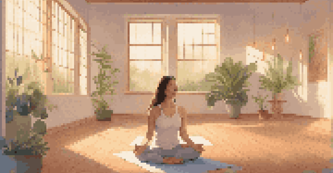 A peaceful yoga studio with a yogi practicing amidst candles and plants, creating a tranquil atmosphere.