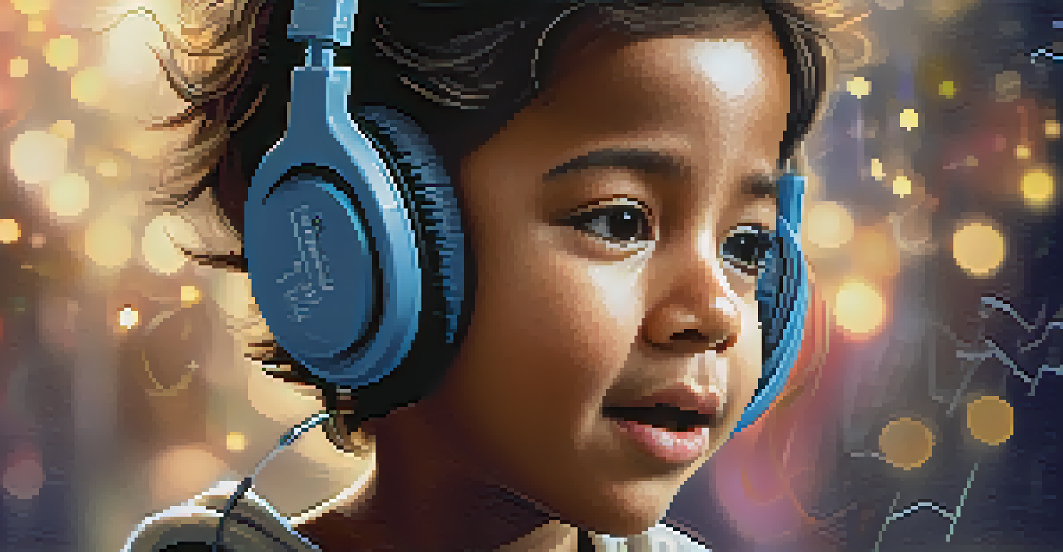 A refugee child with headphones, looking joyful while listening to music, with musical notes in the background.