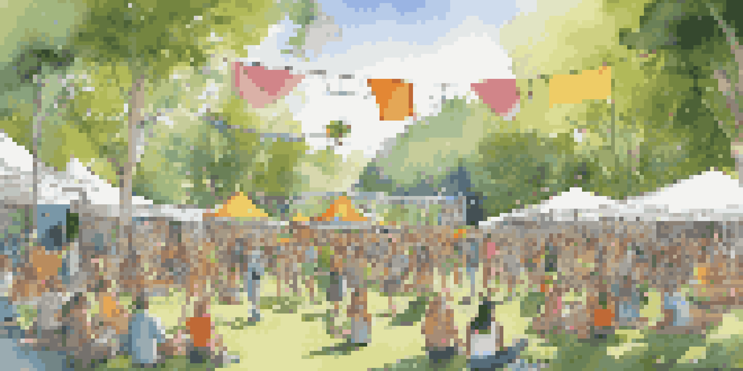 A vibrant outdoor music festival with a diverse crowd enjoying performances in a lush green park, featuring banners promoting environmental awareness.