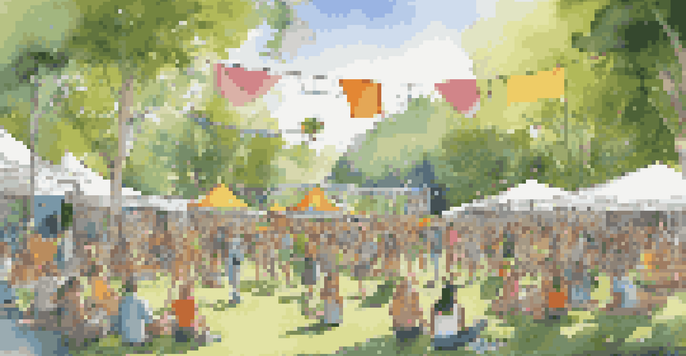 A vibrant outdoor music festival with a diverse crowd enjoying performances in a lush green park, featuring banners promoting environmental awareness.