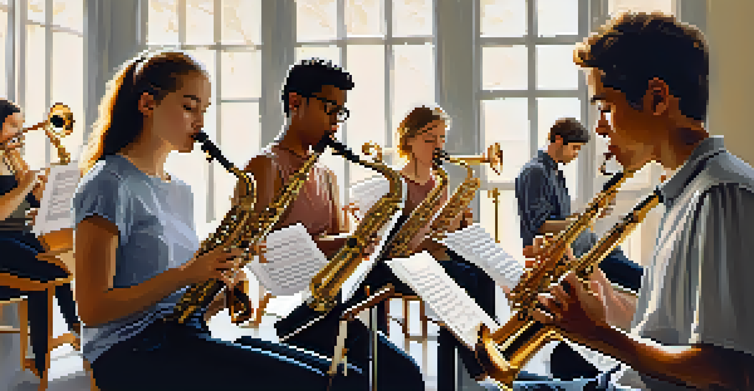 A diverse group of woodwind players in a rehearsal, showcasing concentration and passion, surrounded by music sheets and warm natural light.