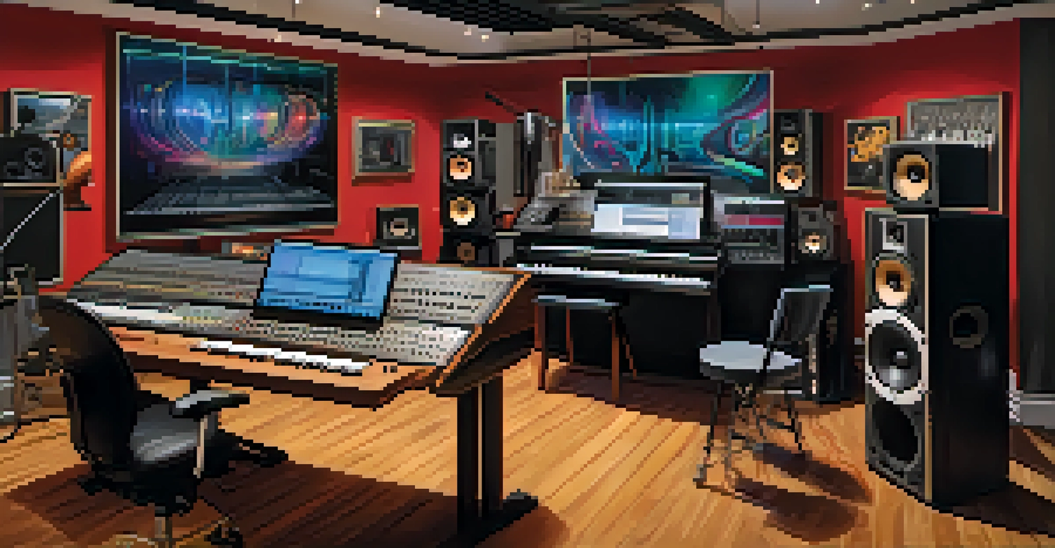 A modern recording studio with musicians from diverse backgrounds collaborating, surrounded by advanced technology and vibrant artwork.