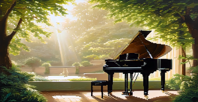 A peaceful scenery showing an open sheet of music and a quill pen next to a grand piano, surrounded by greenery and sunlight.