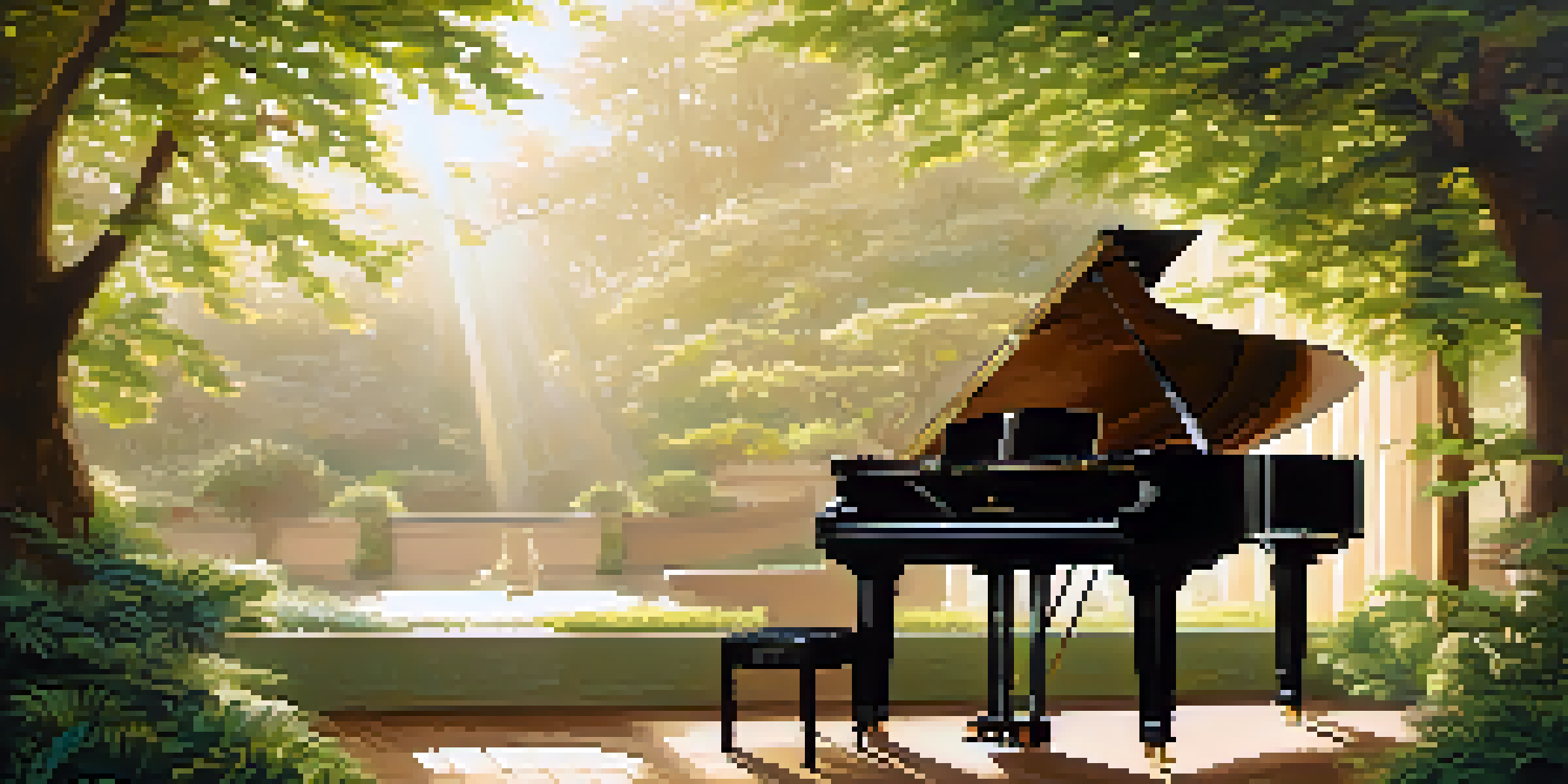 A peaceful scenery showing an open sheet of music and a quill pen next to a grand piano, surrounded by greenery and sunlight.
