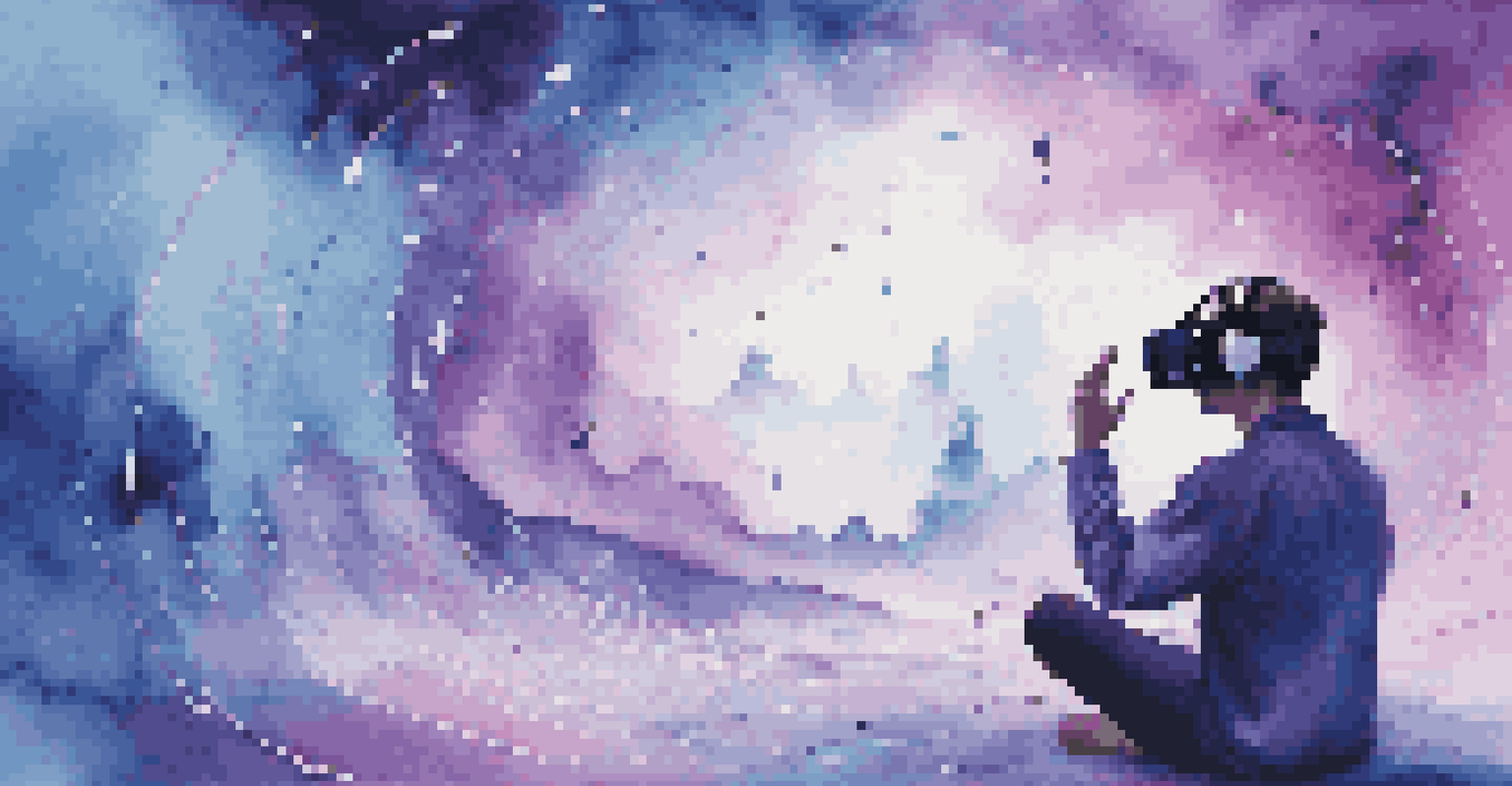 A peaceful virtual reality setting with a person enjoying music, surrounded by abstract visuals and sound waves in calming colors.