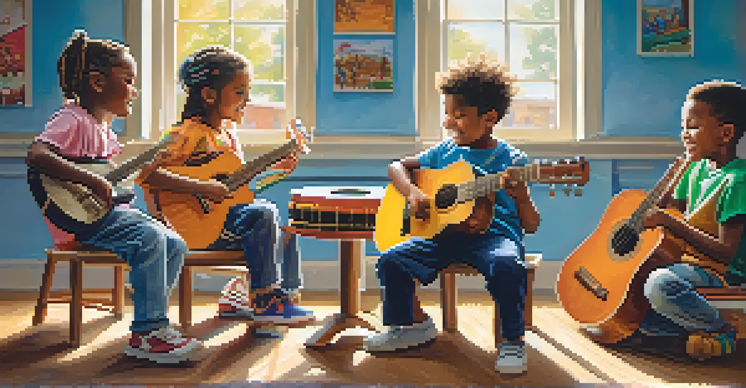 A group of children happily playing various musical instruments together in a community center, showcasing teamwork and joy in music.