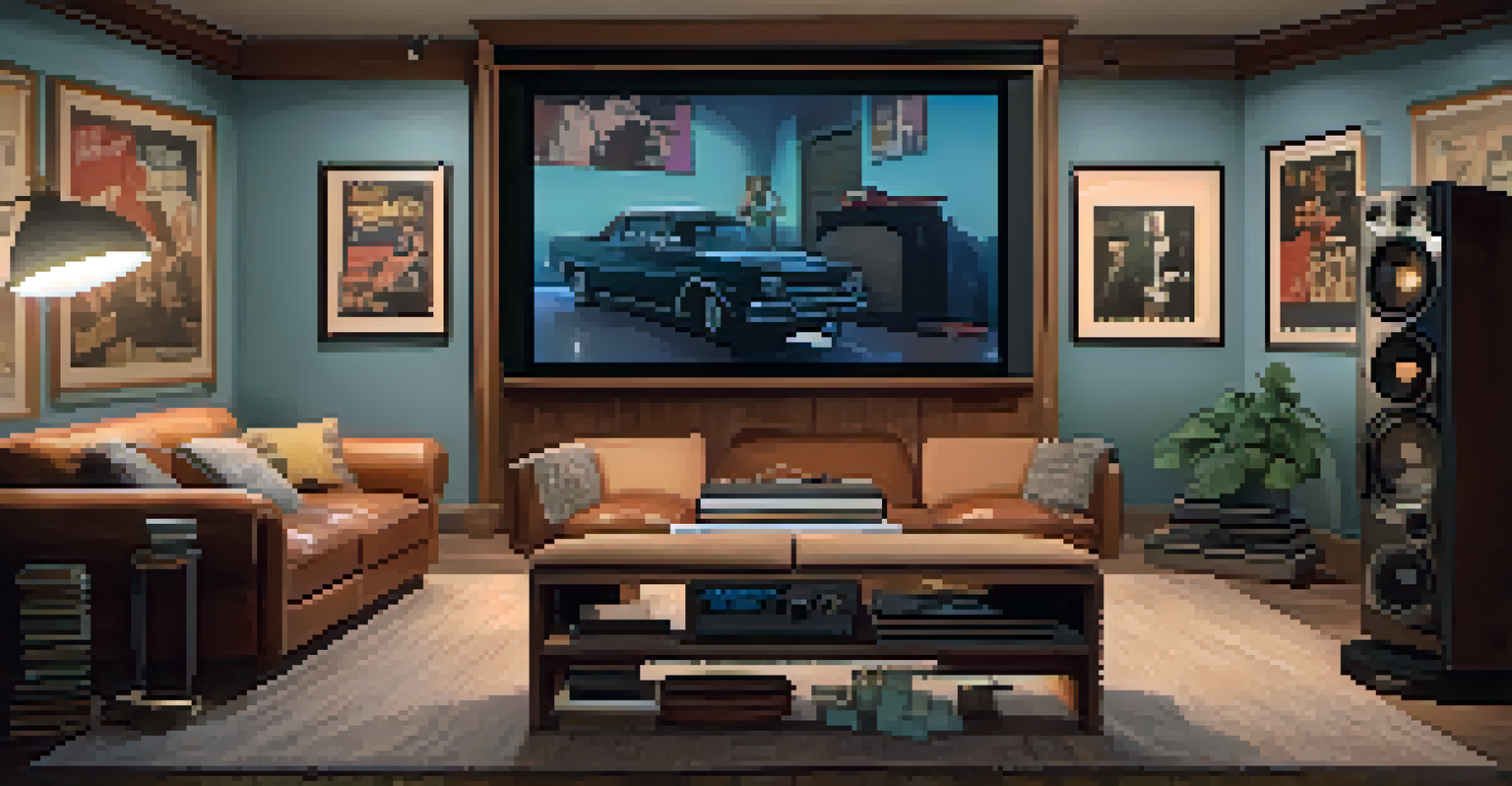 A cozy home theater with a large screen displaying a classic film scene, featuring plush seating and a vintage record player.