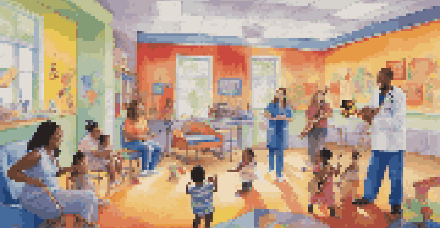 Healthcare providers interacting with a smiling child in a colorful pediatric room, with music and instruments enhancing the cheerful atmosphere.