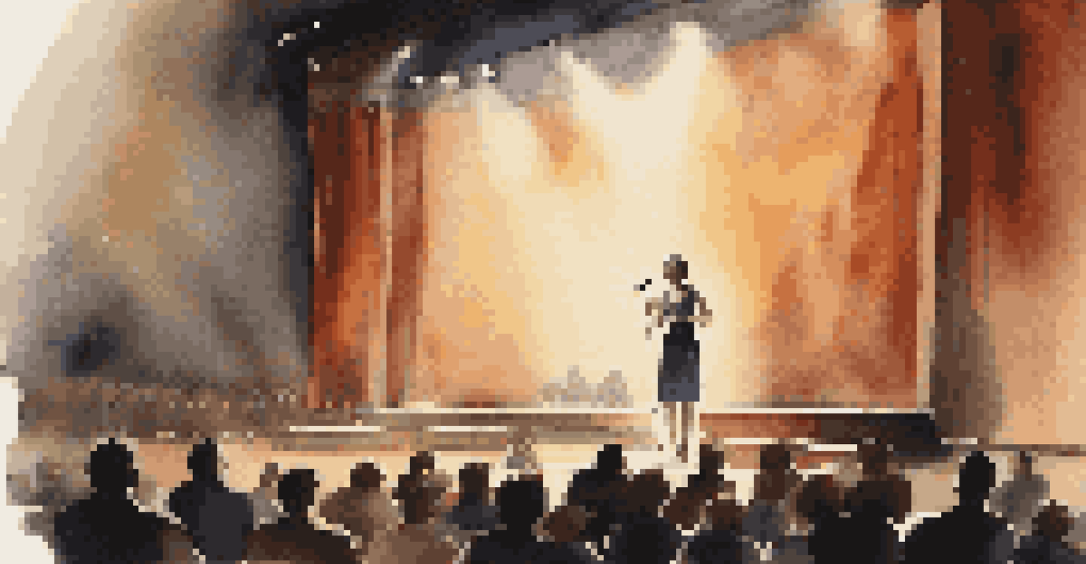 A confident young woman delivering a speech on stage, with a spotlight on her and an audience in the background.