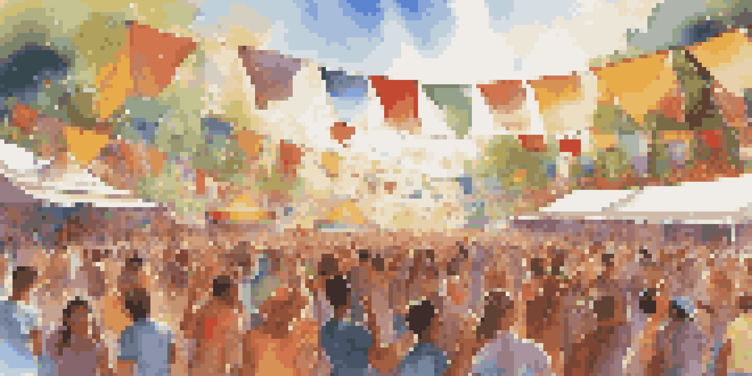 A lively music festival with a diverse crowd enjoying performances, colorful decorations, and artists on stage in sunlight.