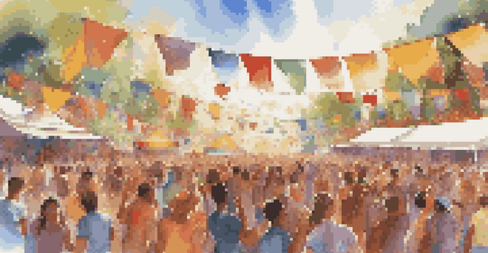 A lively music festival with a diverse crowd enjoying performances, colorful decorations, and artists on stage in sunlight.