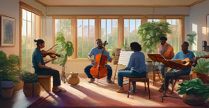 A group of people participating in a music therapy session, playing instruments and singing in a warmly lit room with plants and colorful art on the walls.