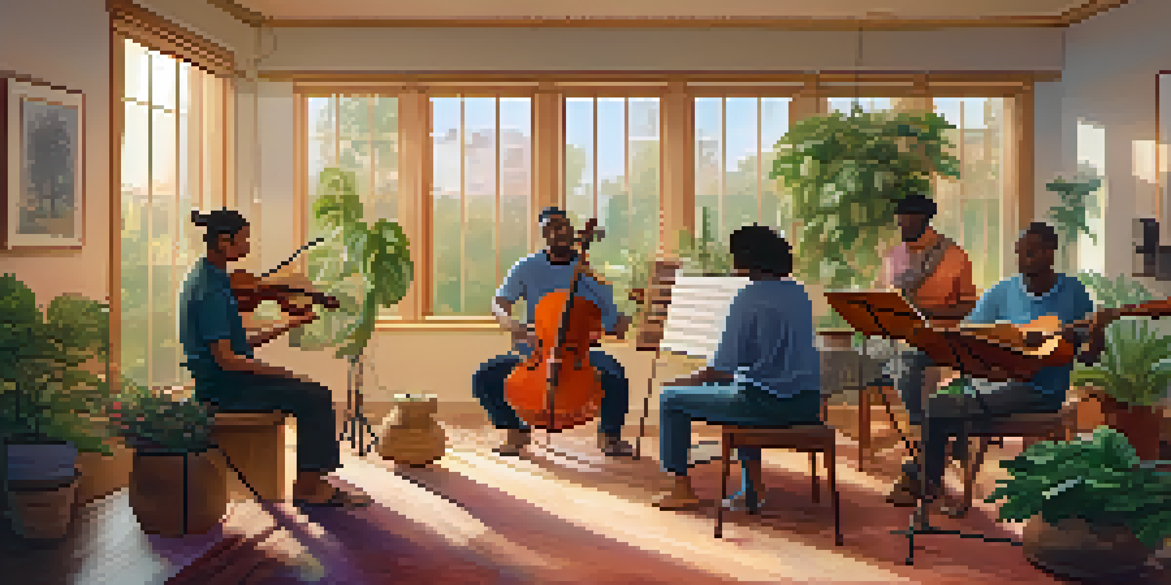 A group of people participating in a music therapy session, playing instruments and singing in a warmly lit room with plants and colorful art on the walls.
