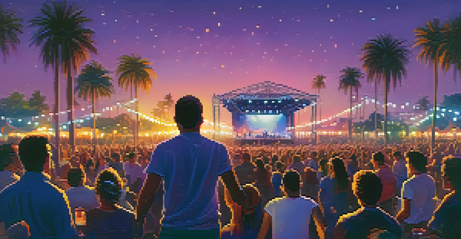 A vibrant outdoor music festival with a crowd dancing and a band performing on stage under colorful lights.