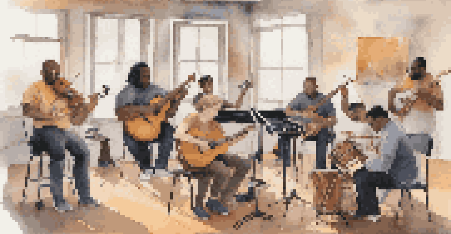 A diverse group of musicians in a workshop, using adaptive instruments and collaborating on music, creating a warm and inviting environment.