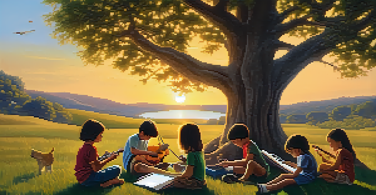 Children composing music outdoors under a tree, surrounded by instruments and a sunset backdrop.
