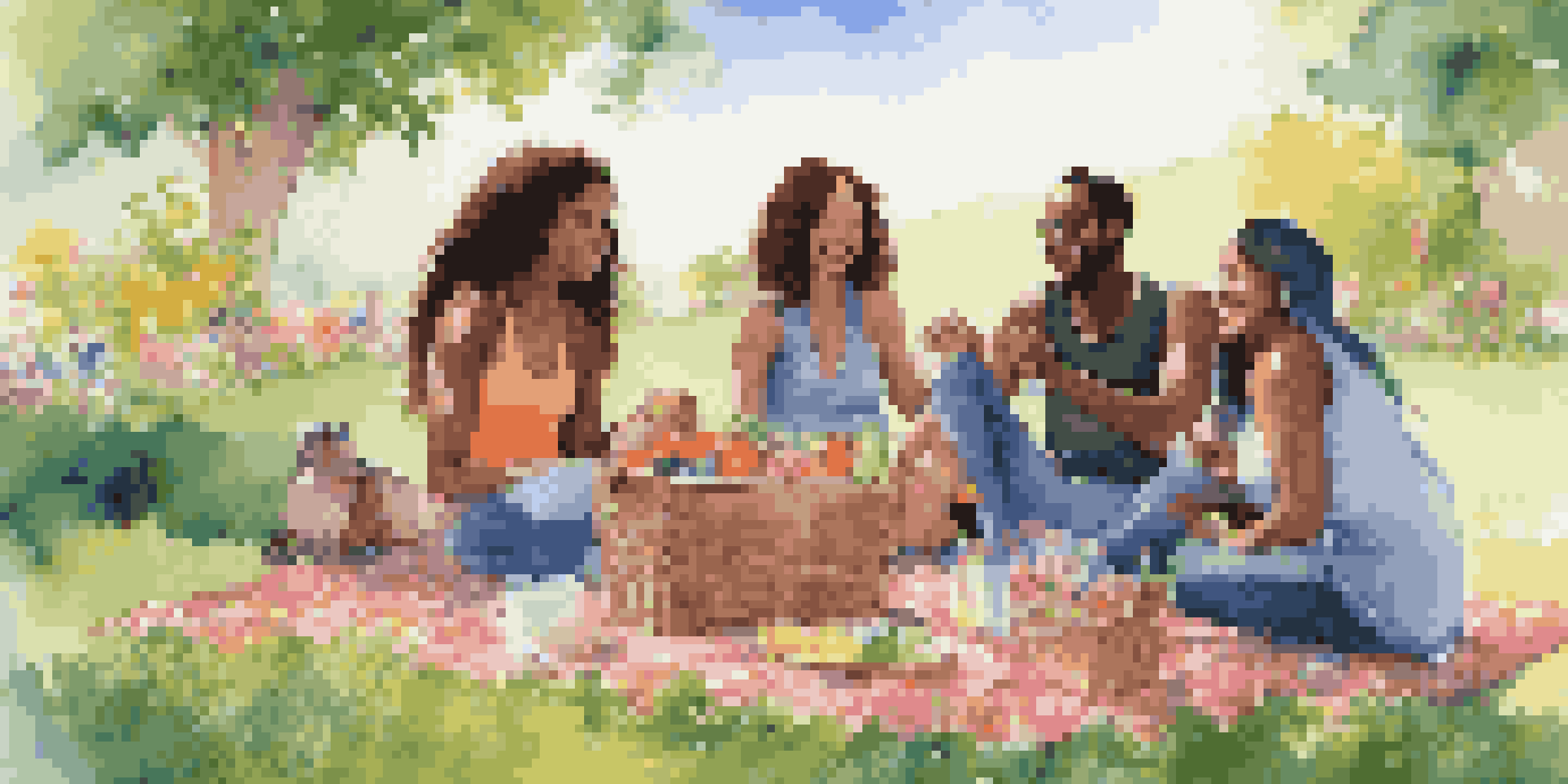 A diverse group of friends having a picnic on a bright sunny day, sitting on a colorful blanket with flowers around them, enjoying each other's company.