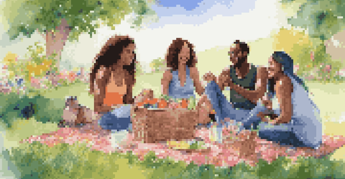 A diverse group of friends having a picnic on a bright sunny day, sitting on a colorful blanket with flowers around them, enjoying each other's company.