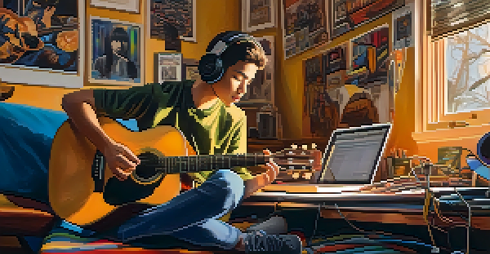 A young musician in a home studio, playing the guitar surrounded by instruments and colorful posters.