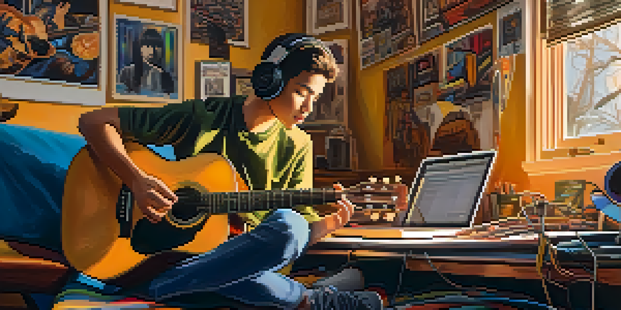 A young musician in a home studio, playing the guitar surrounded by instruments and colorful posters.