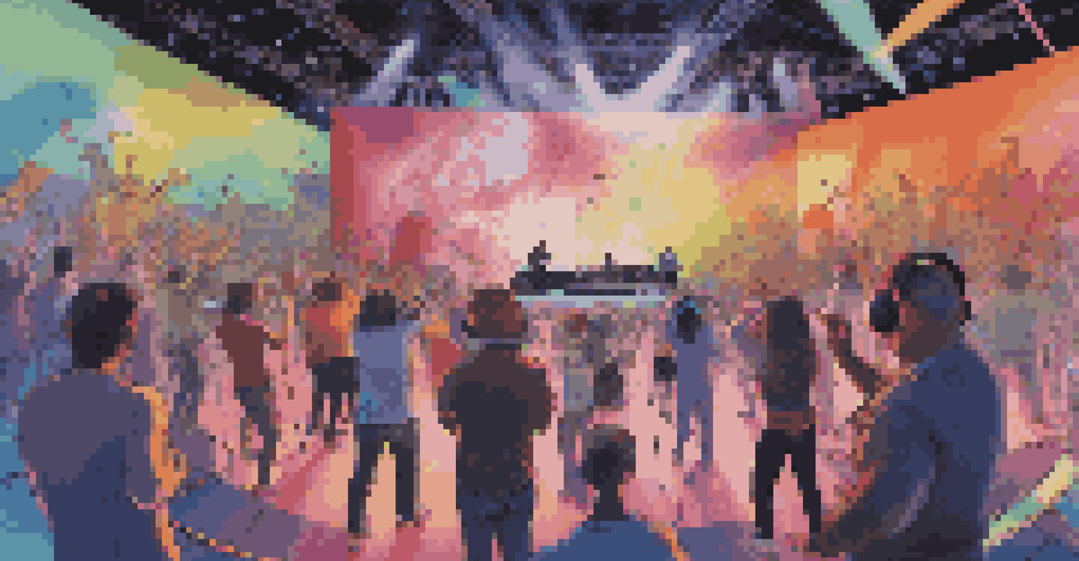 A virtual concert scene with an artist performing in augmented reality, surrounded by animated visuals and engaged viewers with VR headsets.