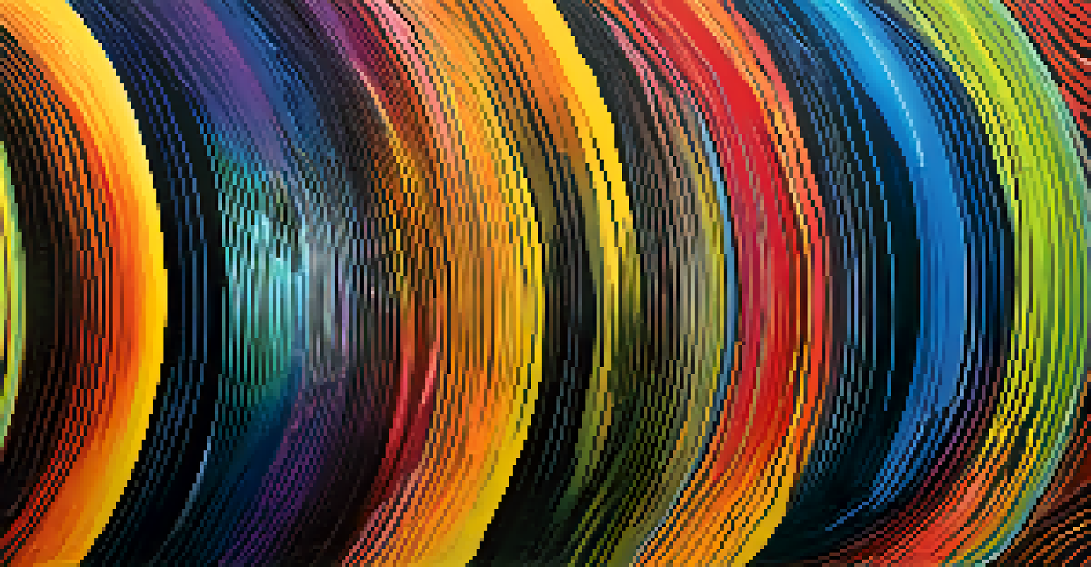 Colorful sound waves representing equalization, layered and interacting against a dark background.