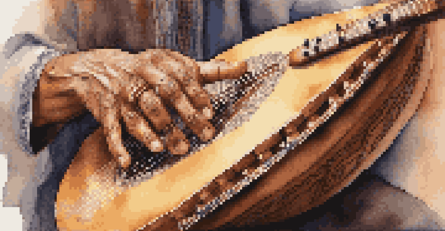 Close-up of hands playing a traditional instrument, highlighting the intricate details of the instrument's design.