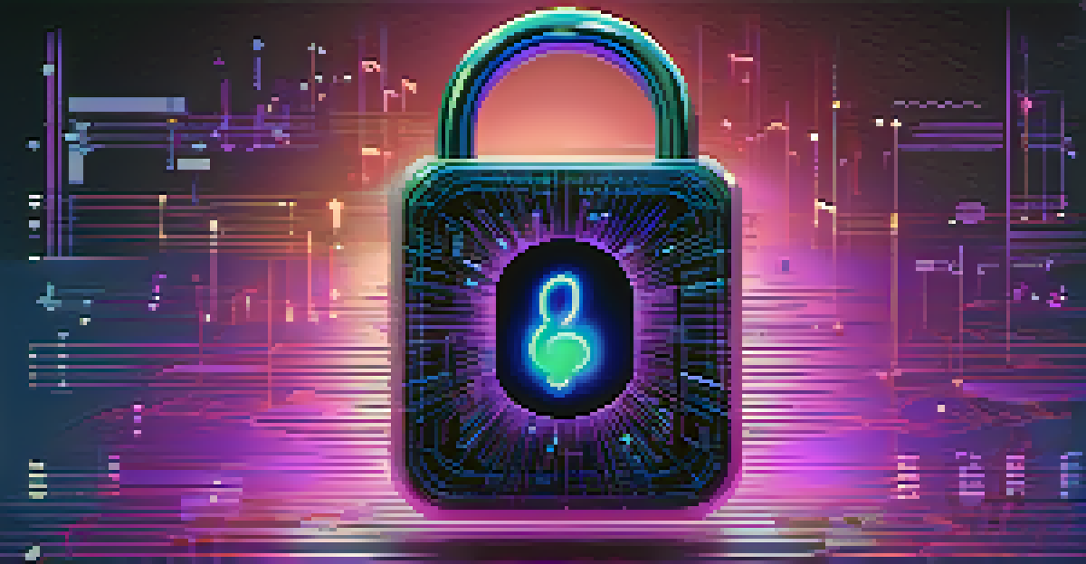 A musical note transforming into a digital lock on a gradient background with abstract sound wave patterns, symbolizing Digital Rights Management.