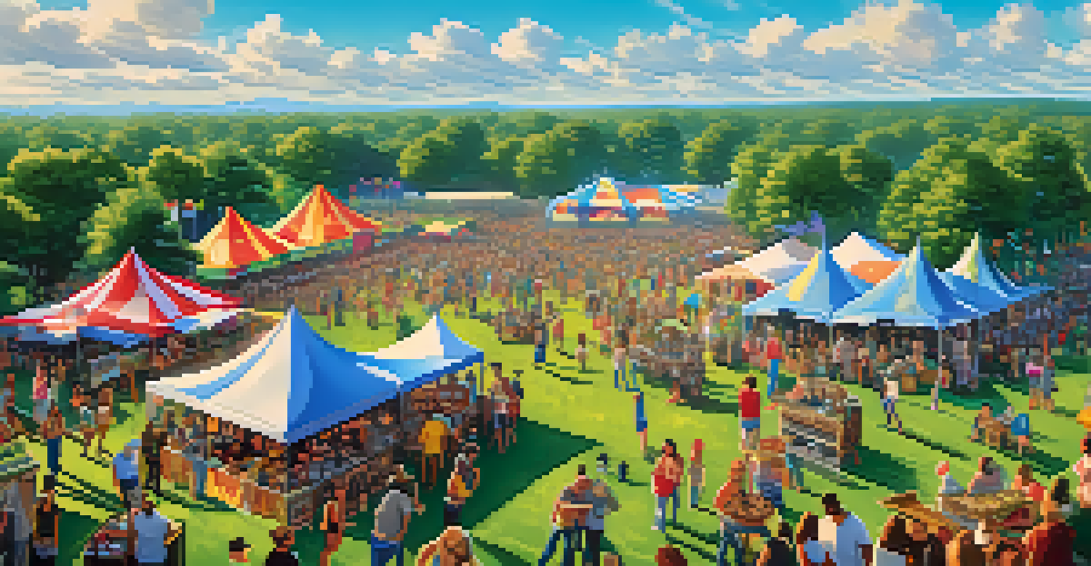 Aerial view of a lively country music festival with colorful tents and a large crowd enjoying the event.