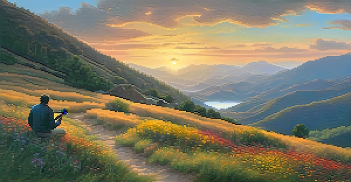 A musician playing guitar on a hillside at sunset, surrounded by wildflowers and mountains.