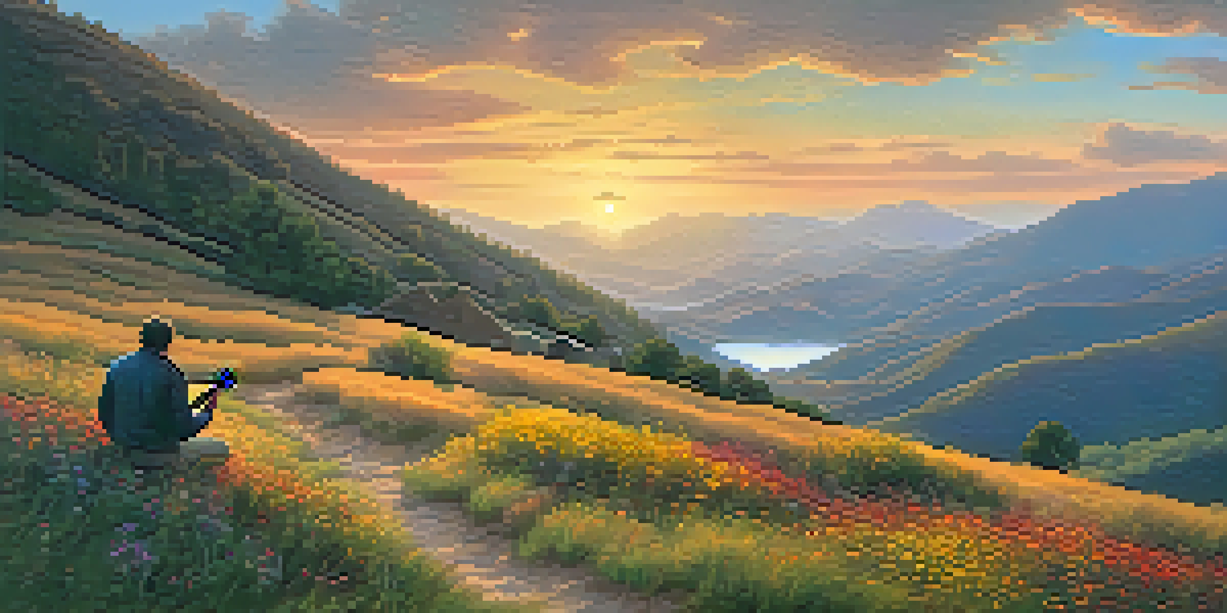 A musician playing guitar on a hillside at sunset, surrounded by wildflowers and mountains.