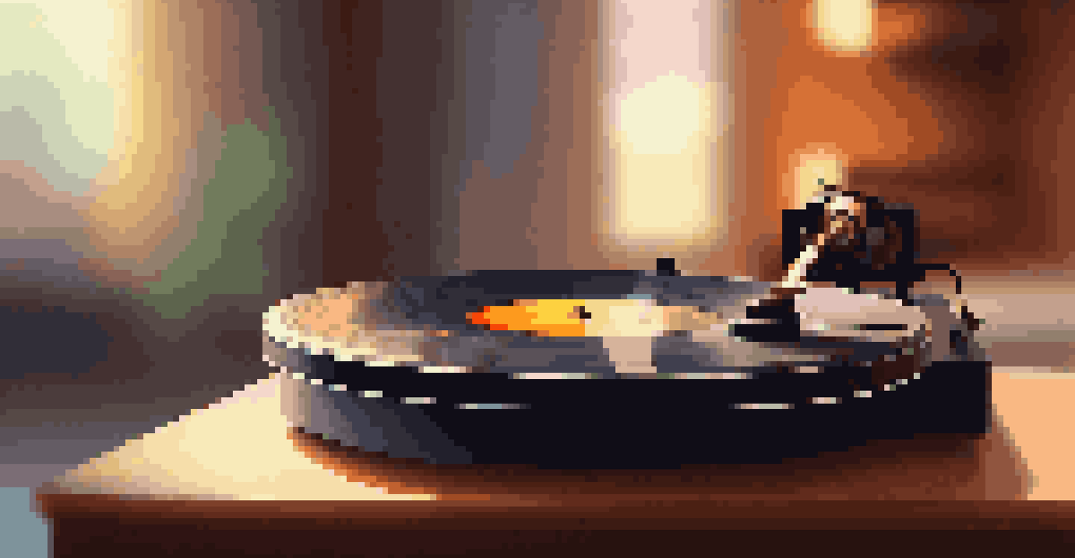 A close-up view of a spinning vinyl record on a turntable, with a softly lit background of a cozy living room.